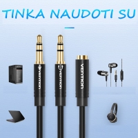 AUX perėjimo laidas, 3.5mm lizdas 4pin- 2 x 3.5mm kištukai 3pin 